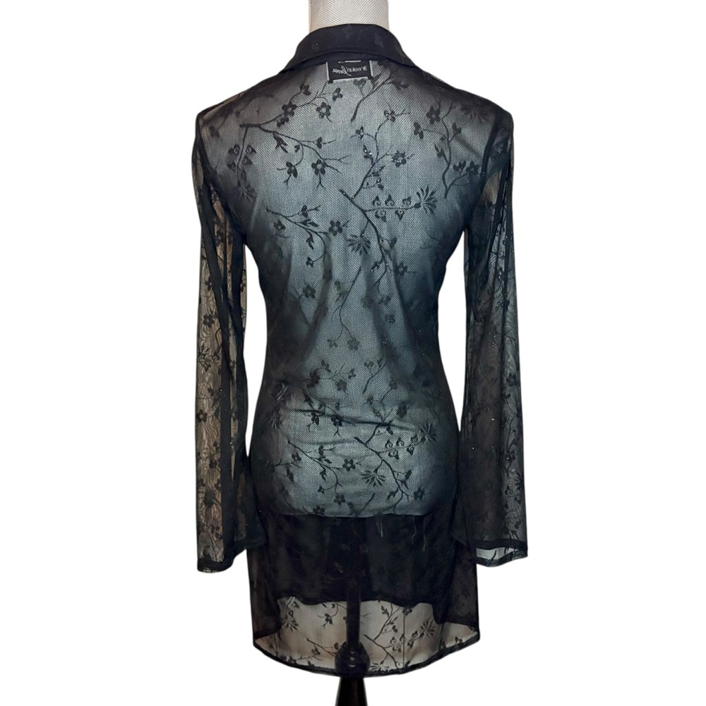 Vintage Sheer Black Floral Mesh Sparkle Duster Top with Bell Sleeves | XS/S - Picture 3 of 11